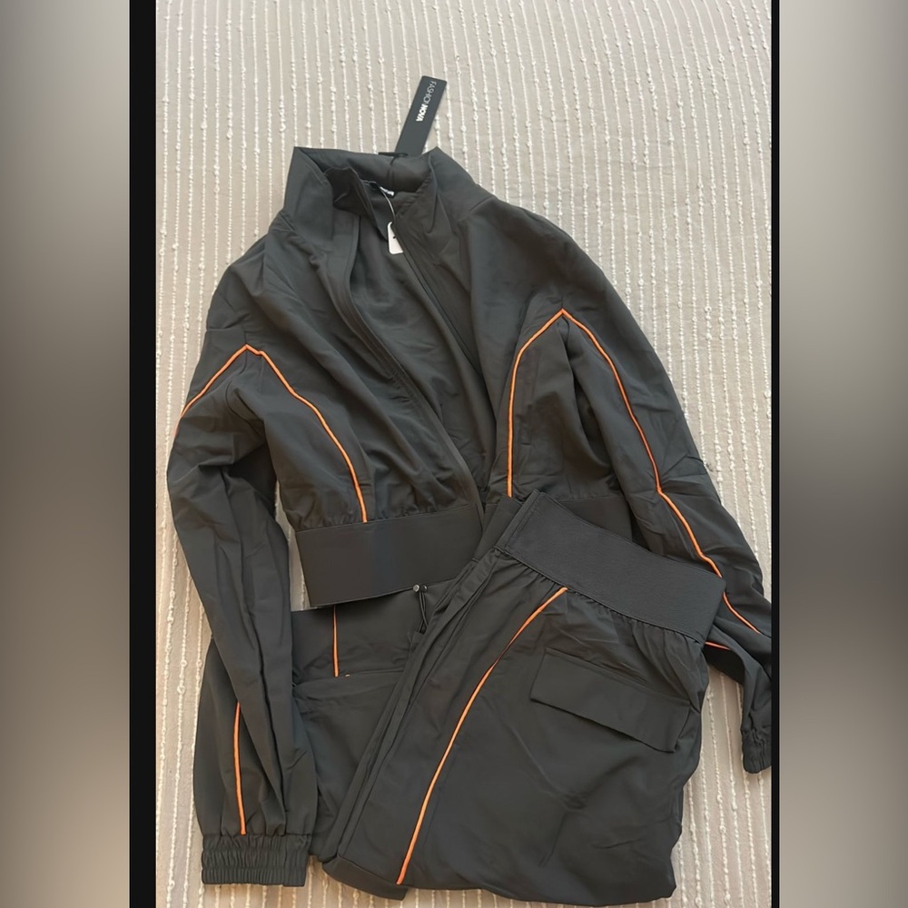 Fashion Nova Black Bomber Jacket and pants with Orange Accents